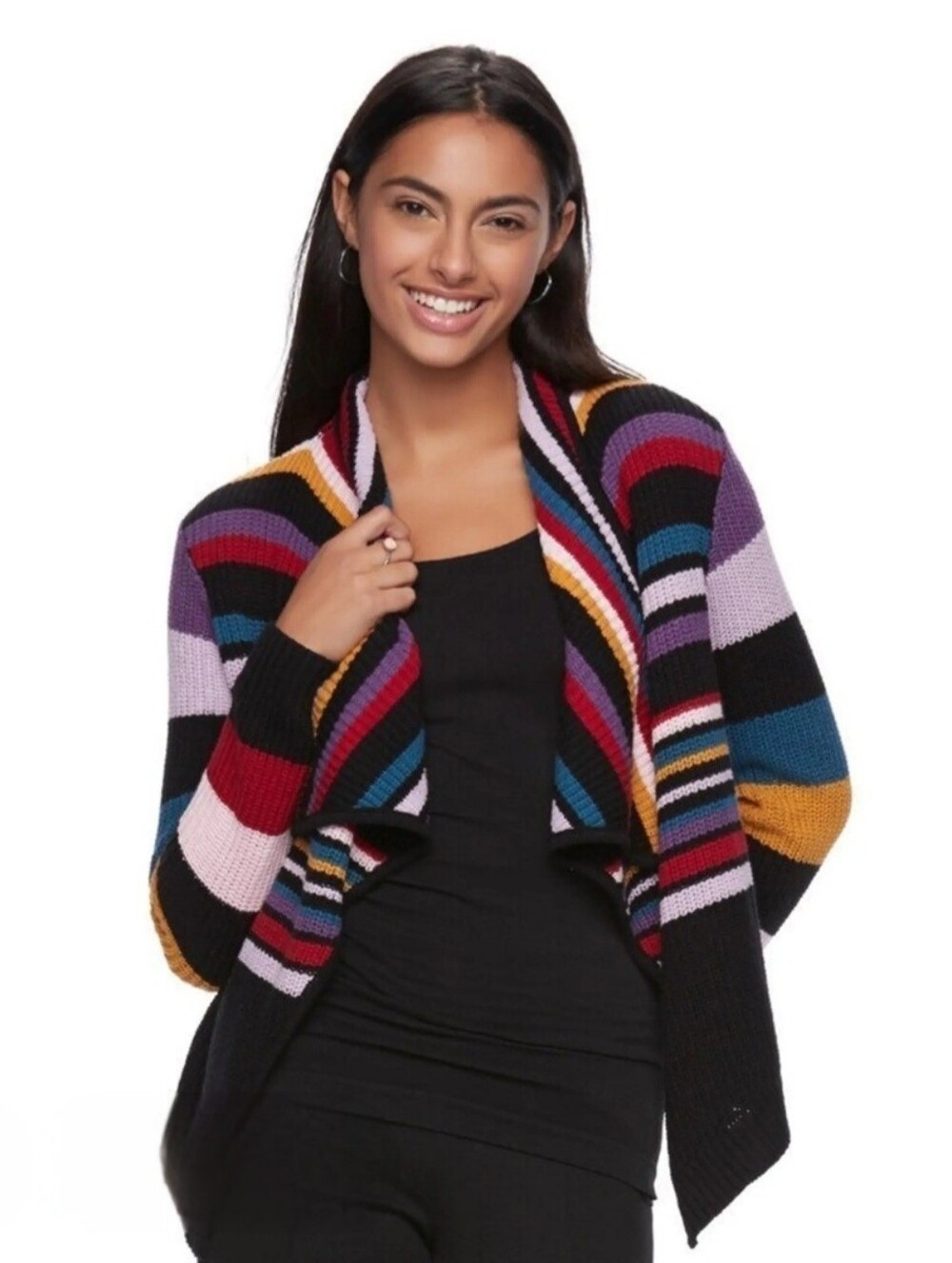 NWT Candie's Waterfall Cardigan Sweater Striped Multicolor Ribbed Knit Cropped M
